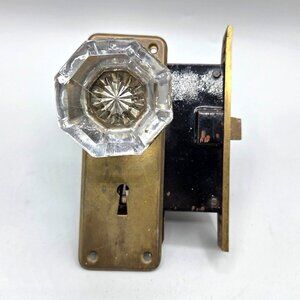 Antique Brass and Glass Door Knob Set Backplate Corbin Mortise Lock Mechanism